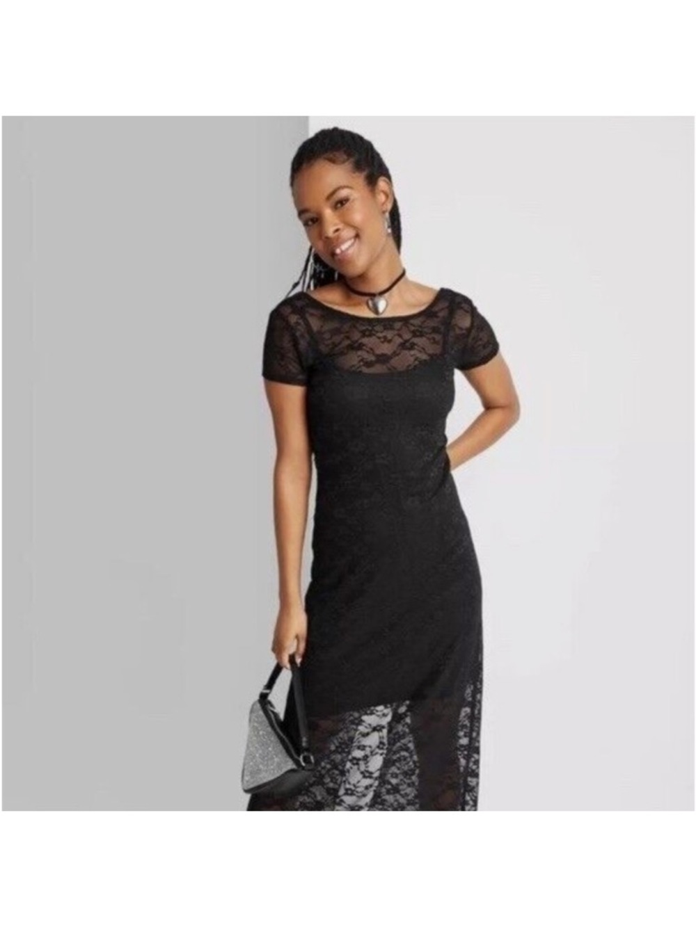wild fable Black Lace Short Sleeve Maxi Dress